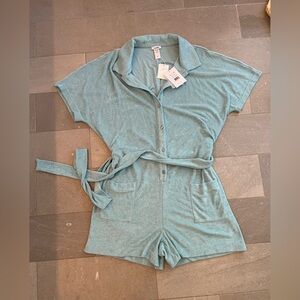 NWT Andie Swim Terry Button up Romper, size Medium. Light blue